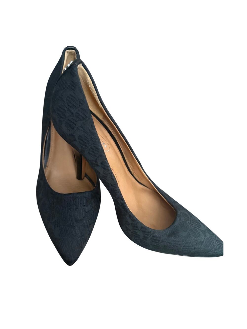Coach Black Pointed Toe Heels Size 5.5 B Logo Fabric Kitten Heel Women Flaw - Picture 1 of 10